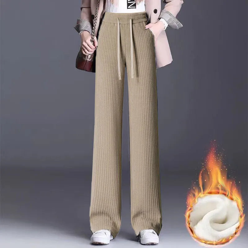 Thickened Fleece Wide Leg Pants Women's Casual Straight Cut Velvet Slimming Versatile Autumn Winter Fashion High Waist Trousers