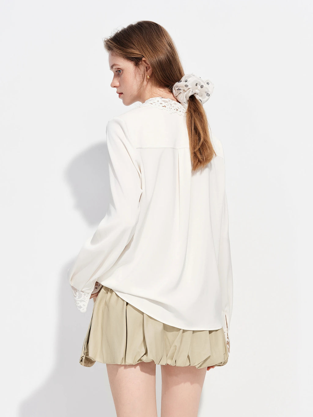 FSLE Satin Blouse for Women Suitable Commuting Straight Shoulders New Spring 2026 Style Lace Detailing Formal Occasions