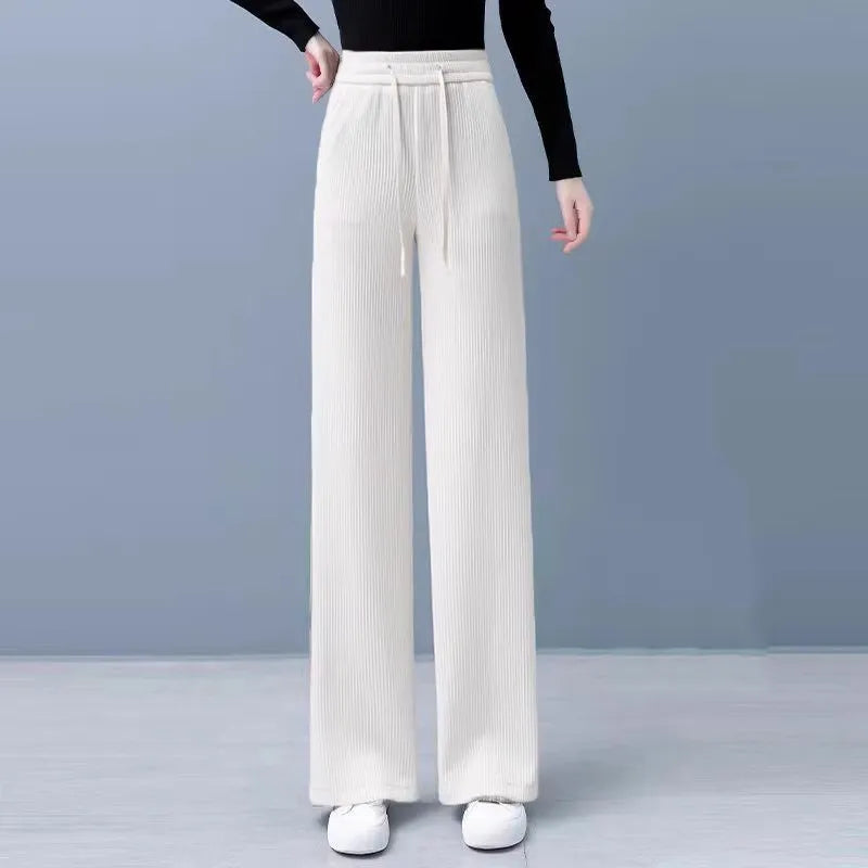 Thickened Fleece Wide Leg Pants Women's Casual Straight Cut Velvet Slimming Versatile Autumn Winter Fashion High Waist Trousers