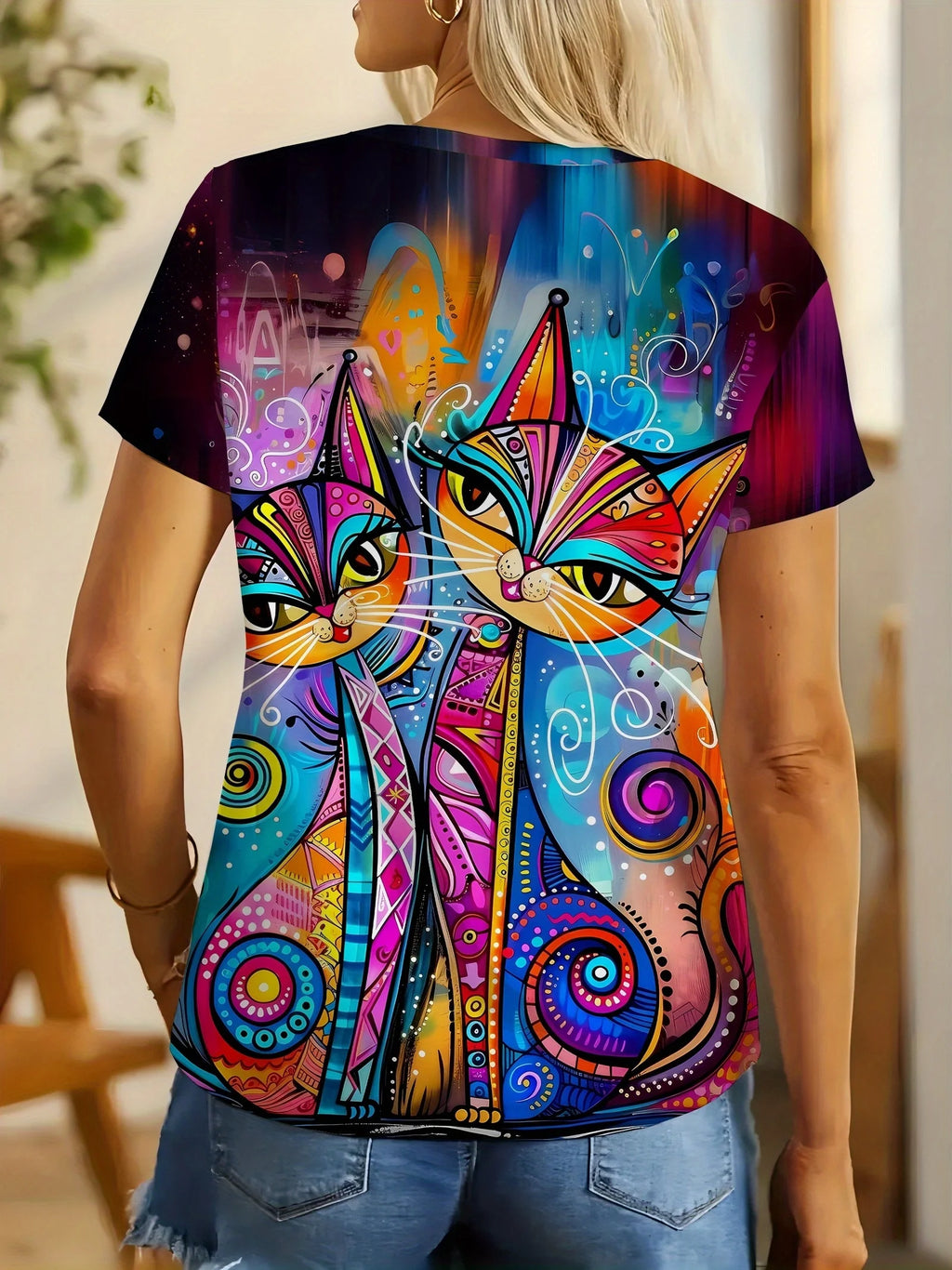 Vibrant Psychedelic Cat Women's Tee - Colorful Patterned Duo Graphic, Bold Boho Art Print Design for Casual Daily Wear