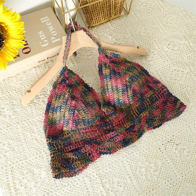 Crop Tops Retro Wild Hollow Perspective Tassel Sexy Spaghetti Strap Tanke Top Women Built In Bra 2021 New Back Lace Halter Neck