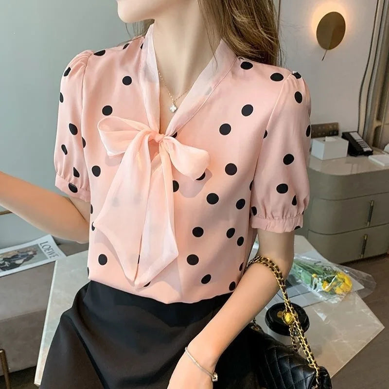 Summer 2026 plus Size Women's Shirt Butterfly Knot Loose Short Sleeve Chiffon Top Slimming for Heavy Sister 200 Pounds
