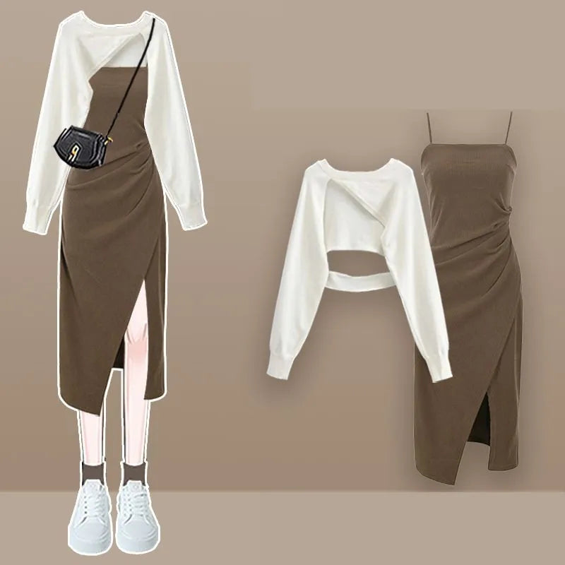 Women Spring New Vintage Short Knit Blouse+Split Sling Skirt 2-Piece Suit 2026 Korean Elegant Long Sleeve Top Dress Matching Set