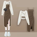 Women Spring New Vintage Short Knit Blouse+Split Sling Skirt 2-Piece Suit 2026 Korean Elegant Long Sleeve Top Dress Matching Set