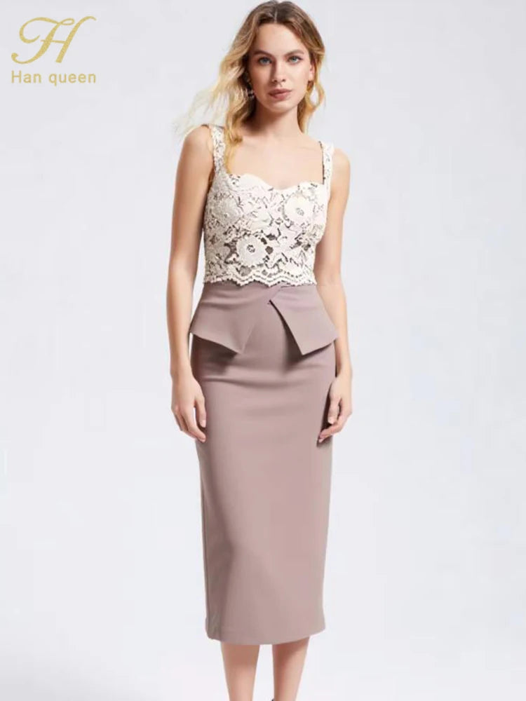 Halter Strapless Sleeveless Hollow out Holiday Prom Dresses Summer Lace Splicing Sexy Club Sheath Pencil Dress