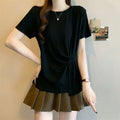 Spring and Summer Large-size Women's Clothing New Solid Color Loose and Thin Irregular Design Round Neck Short-sleeved T-shirt