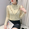 Fleece Lined Lace Long Sleeve Half High Collar Base Shirt Women's Sexy Mesh Top Slimming Versatile Korean Style Commute Wind