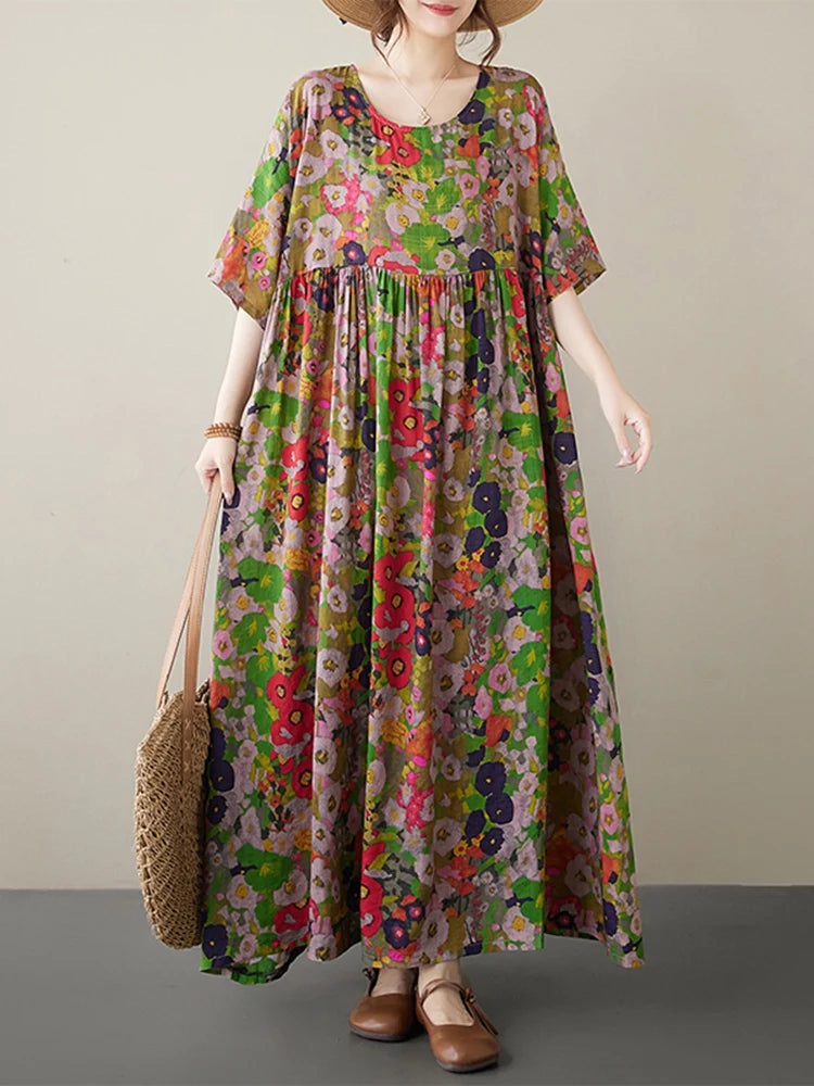 Cotton Short Sleeve Purple Print Vintage Long Dresses For Women 2026 Summer Casual Loose Dress Femme Vestidos Elegant Clothing