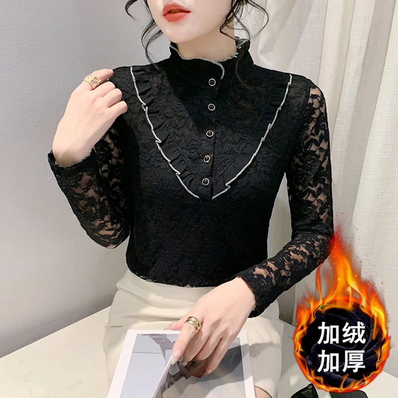 Fleece Lined Lace Long Sleeve Half High Collar Base Shirt Women's Sexy Mesh Top Slimming Versatile Korean Style Commute Wind