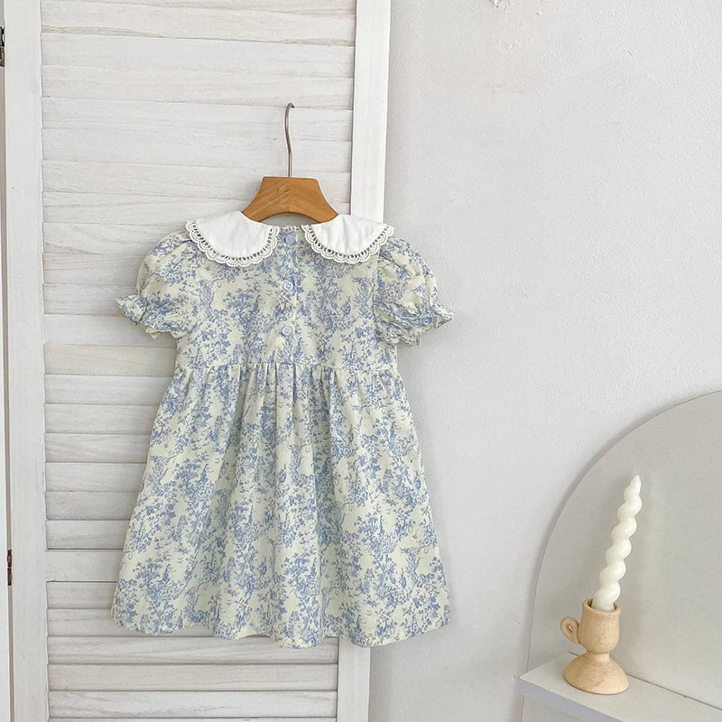 2026 New Girls Children Dress Summer 2-6Yrs Bubble Short Sleeve Dress Floral Print Ruffled Collar Cotton Sweet Dress