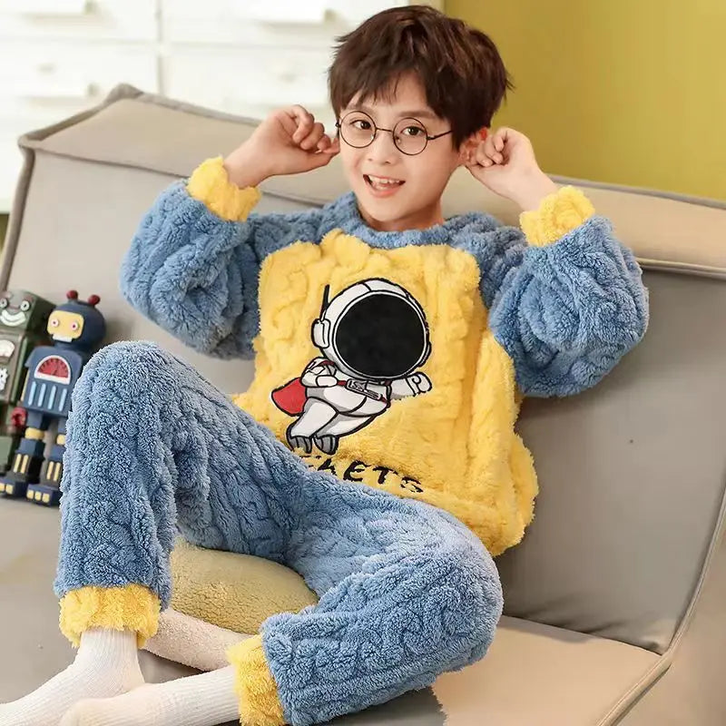 Flannel Pajamas For Boy Flannel Warm Pyjamas Kids Thicken Cartoon Teens Sleepwear Cute Big Boys Girls Night Clothes 10 12 14 16Y