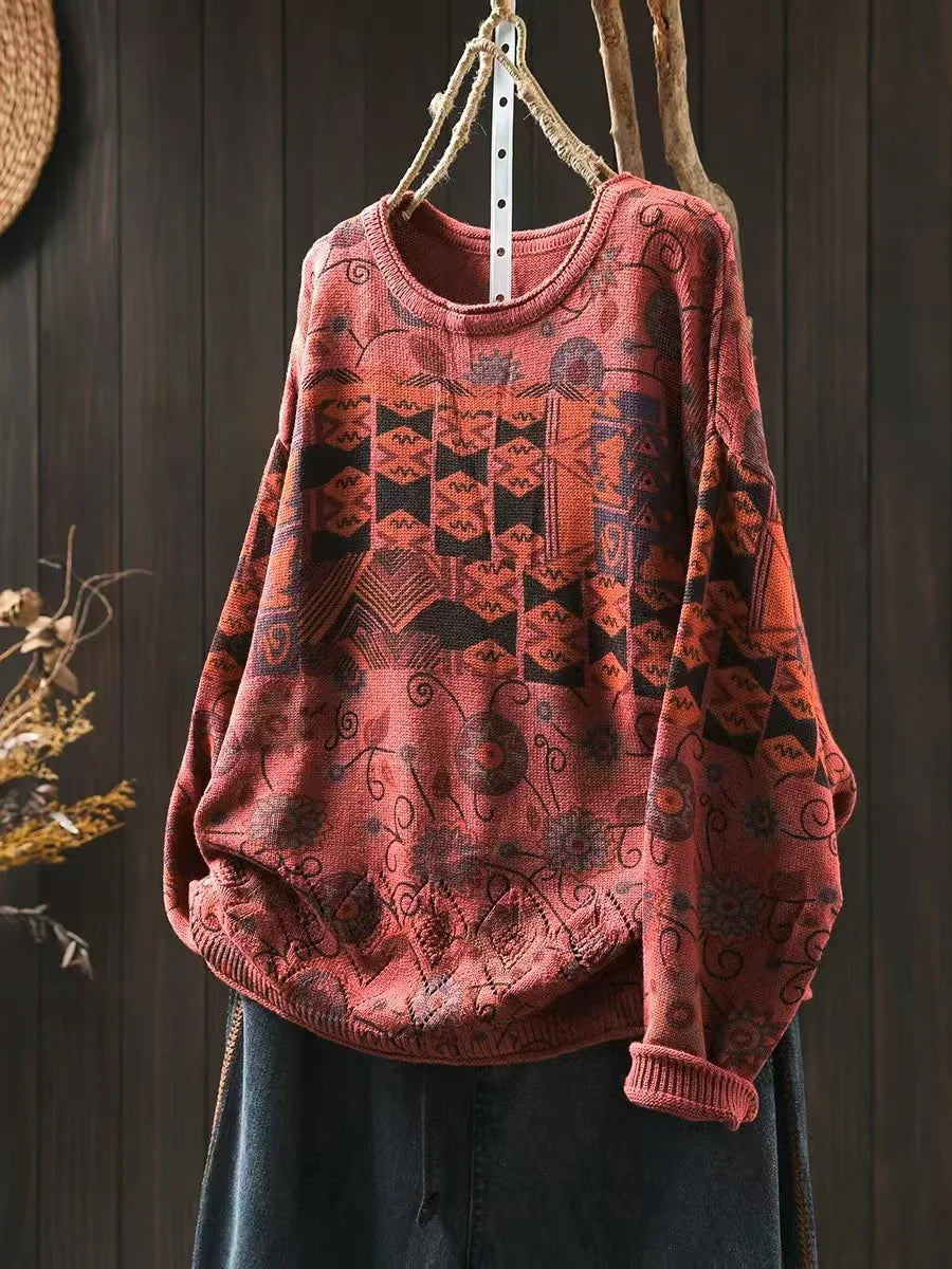 Johnature Vintage Loose Personality O-Neck Sweater 2025 Woman Winter New Long Sleeves Chinese Style Vintage Style Sweater