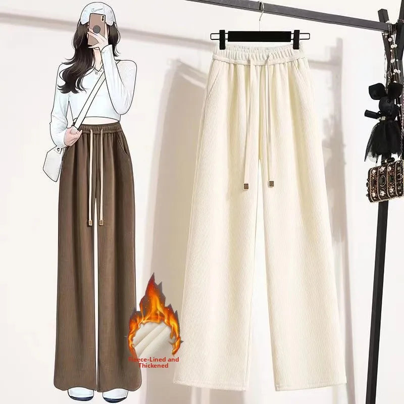 Women's High Waist Fleece Lined Corduroy Wide Leg Pants Thickened Casual Sports Straight Long Trousers Autumn Winter Fashion