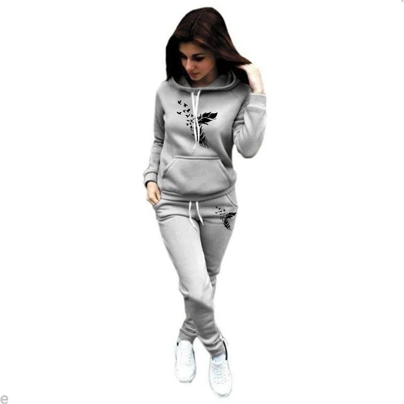 New Fashion Women's Hoodie Set Feather Flying Swallow Print Long Sleeve Pullover Hoodie Two Piece Women's Sportswear