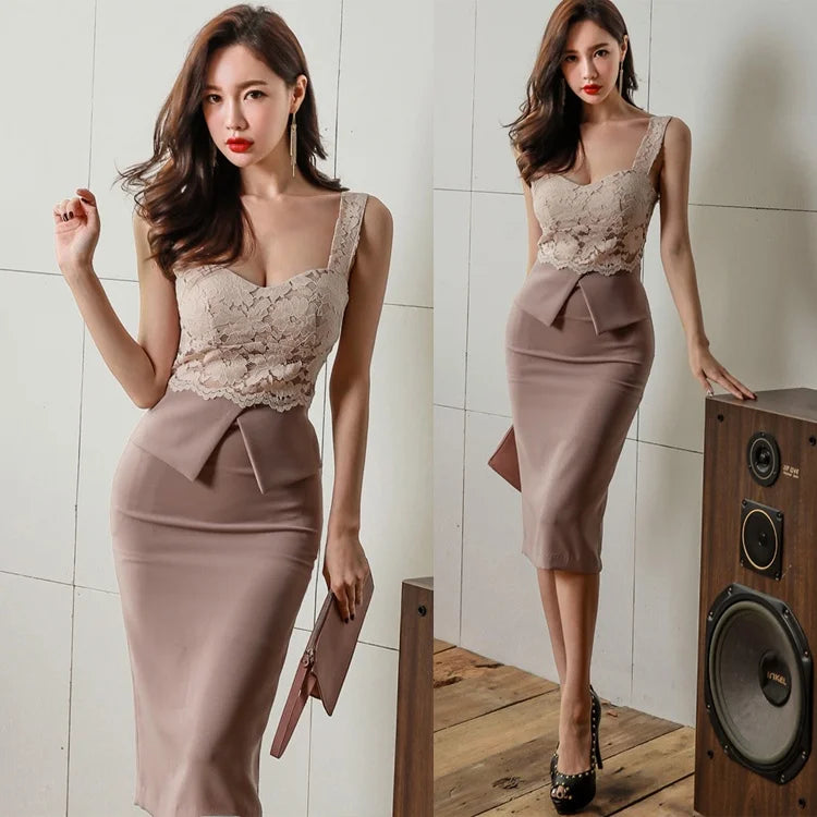 Summer New Women's Sexy Lace Split Dress V-Neck Strapless Midi Skirt Fashionable Fake Two-Piece Bodycon Dress Polyester Fiber