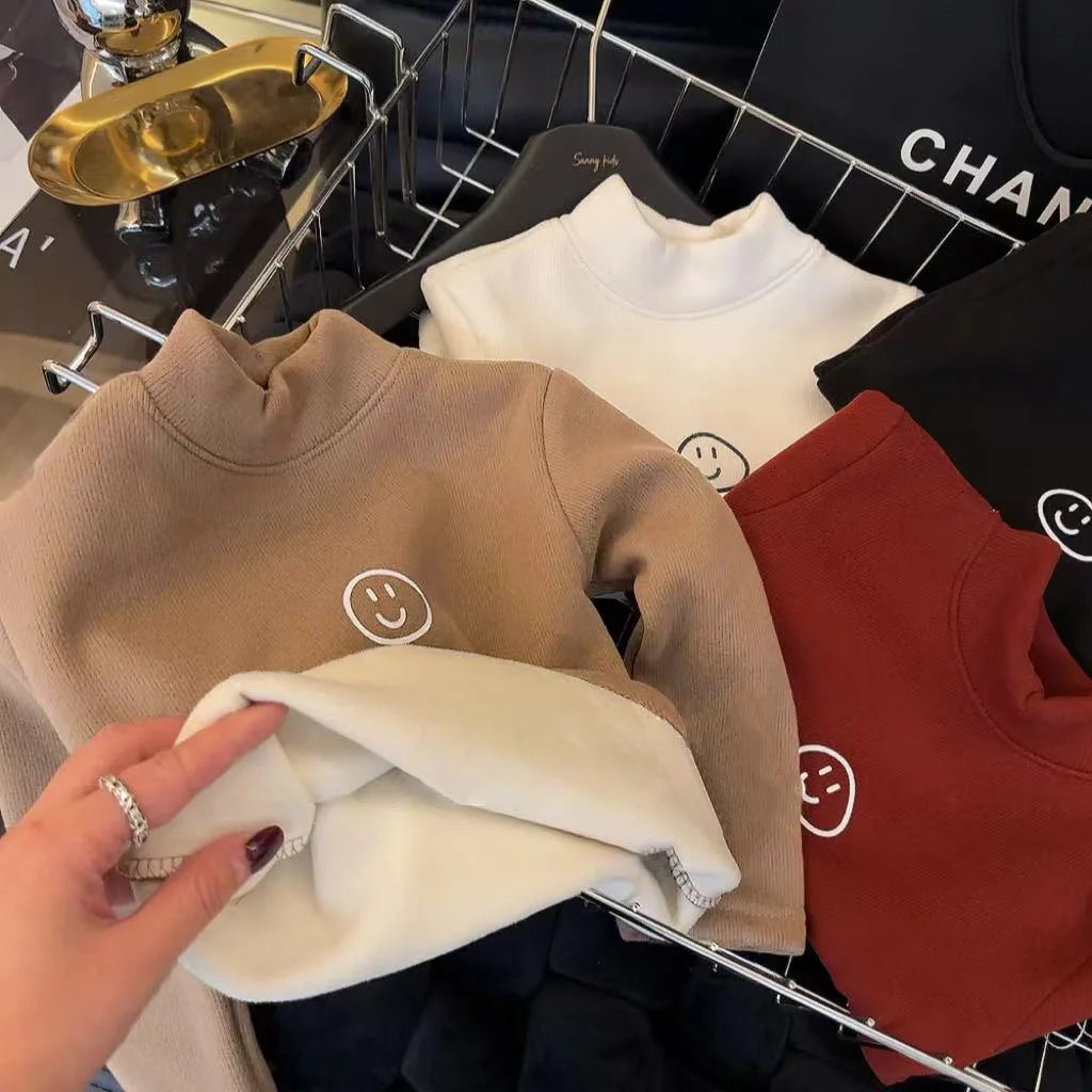 1pcs Autumn Winter Childrens T-Shirt Solid Velvet Warm Tops Babys Kids Half High Collar Long Sleeve Base Shirt Girls Boys Tshirt
