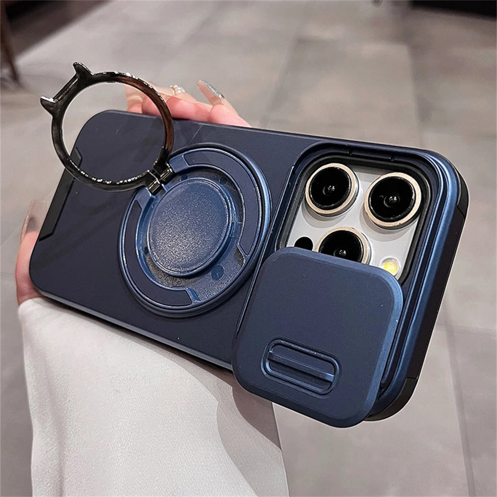 Luxury Slide Camera Lens Protection Magnetic Ring Holder Case For iPhone 17 Air 11 12 13 14 15 16 Pro Max Plus Shockproof Cover