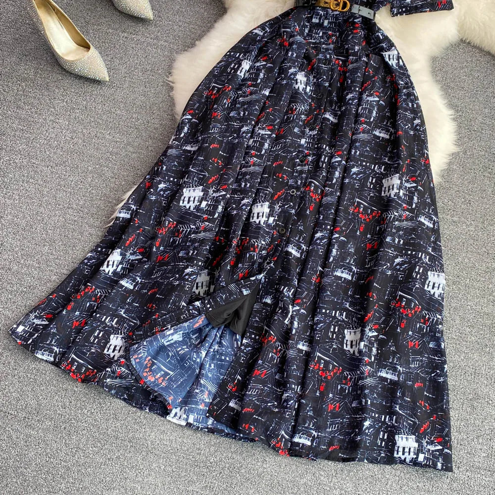 Ele Summer Vintage Gentle Wind Turn-down Collar Slimming Print Single-button A-line Chiffon Dr Long Skirt
