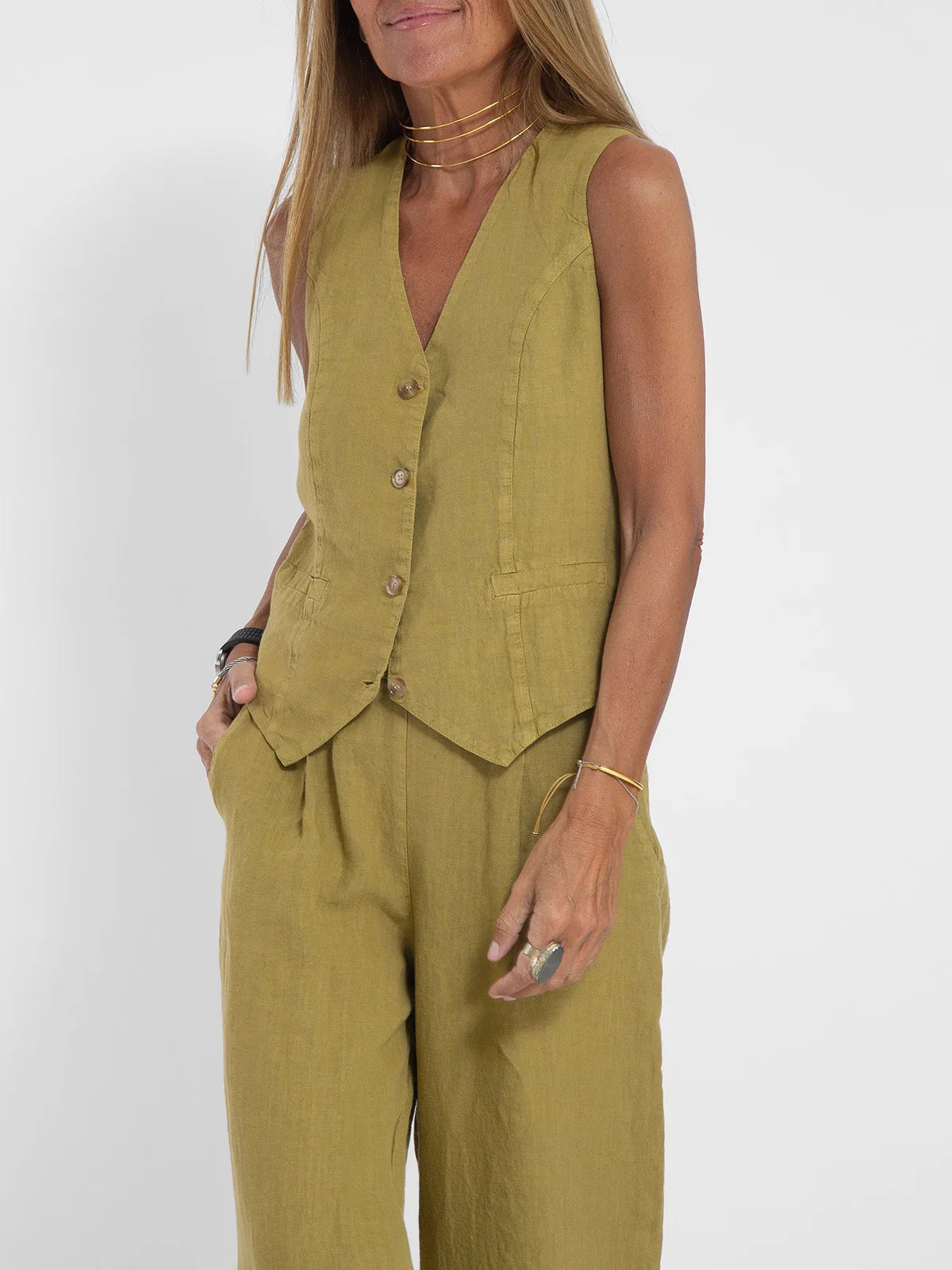 Fashionable Patchwork Cotton Linen Vest Wide Leg Pants Two Piece Set 2025 Spring Commute Style  Color Women's Suit