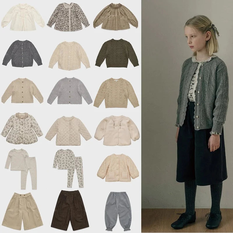 Lou 2025 Autumn Kids Blouse Top Warm Knit Sweaters Cardigan Winter Down Coat Outwear Floral Girl Casual Pant Clothing