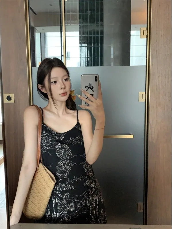 Retro Gradient Print Halter Dress Women's Fashion Design Summer Slim Fit Long Skirt  Dress Korean Style Commute Wear