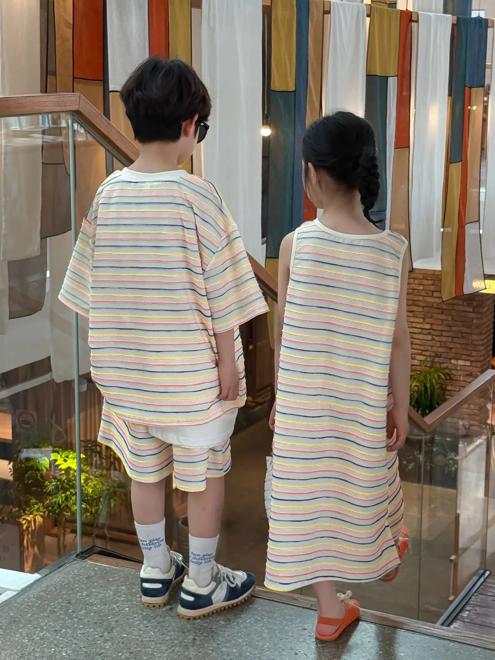 2025 Summer New Children Short Sleeve Clothes Set Boys Striped 2pcs Suit Kids Girls Colorful Vest Dress Brother Sisters Outfits