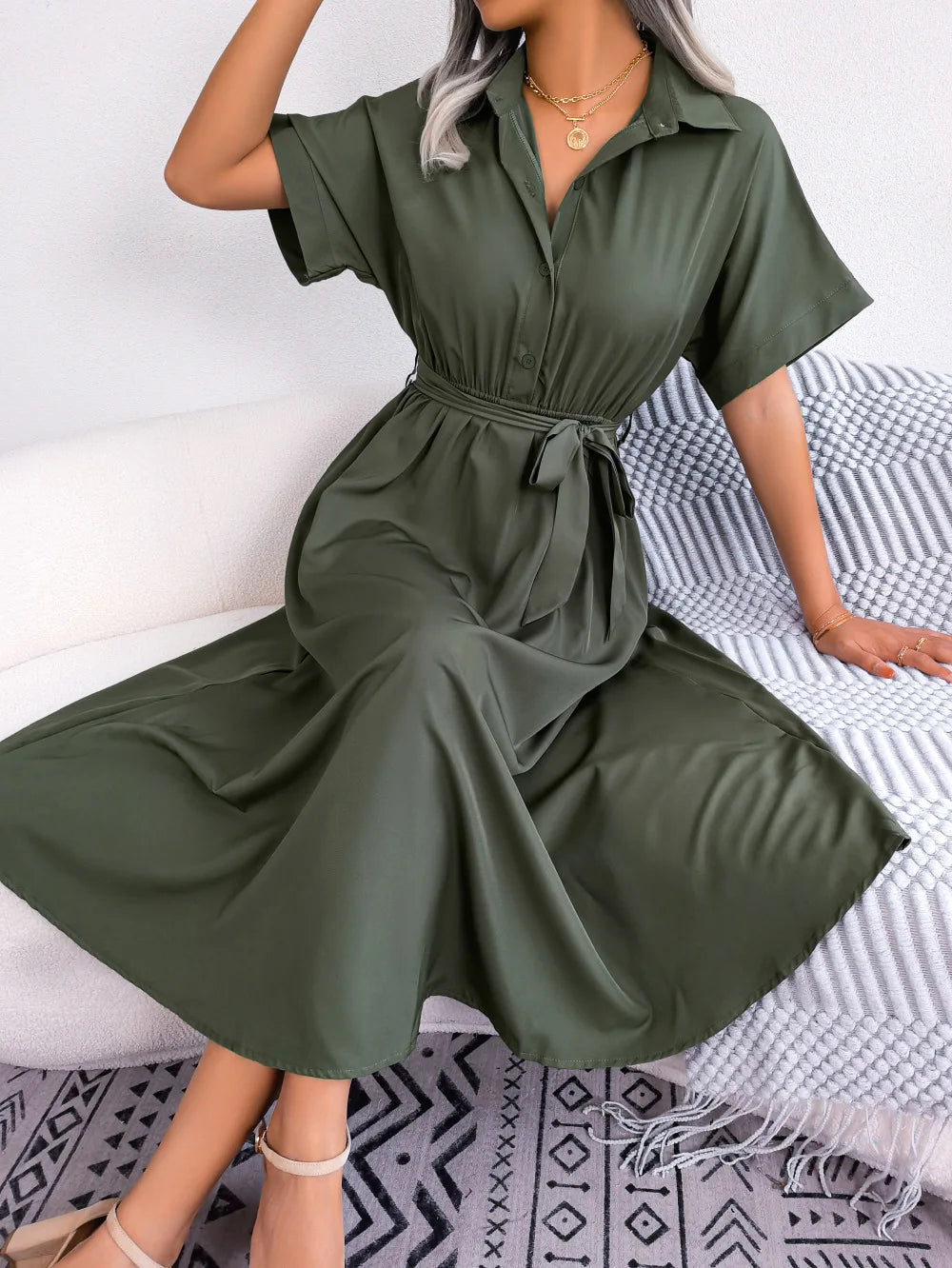 2026 Summer Turn-down Collar Solod Color Women Shirt Dress Fashion New Short Sleeve Loose Casual Elegant Lace-up Long Dresses
