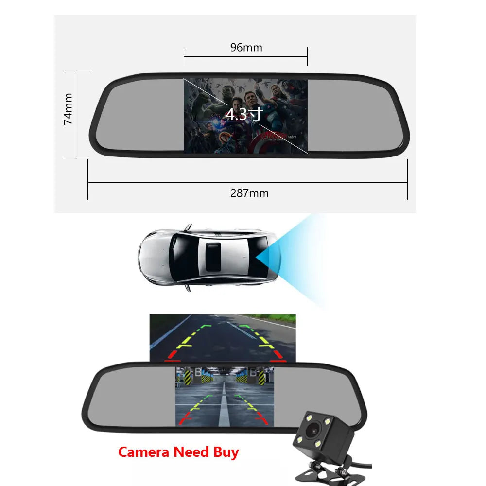 Car Player Interior Mirror or Parking Monitor with Rear View Camera 4.3 Inch Screen HD DVD Video Display Parktronics Accessories