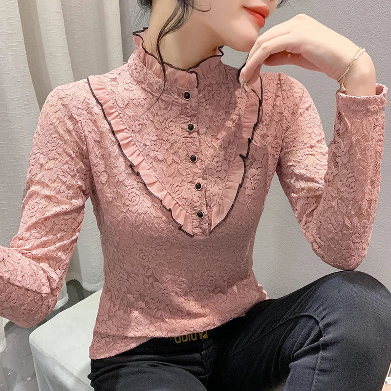 Fleece Lined Lace Long Sleeve Half High Collar Base Shirt Women's Sexy Mesh Top Slimming Versatile Korean Style Commute Wind