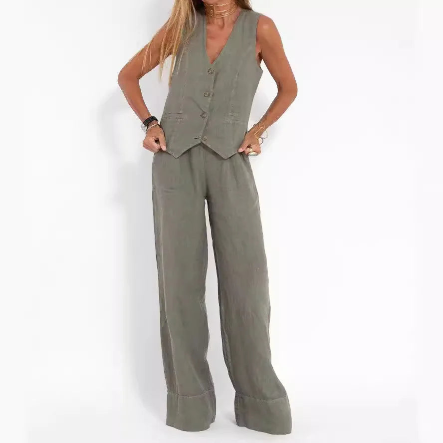 Fashion Patchwork Cotton Linen Vest Pants Casual Suit Women's High Waist Long Pants V-Neck Sleeveless Summer Outfit Set
