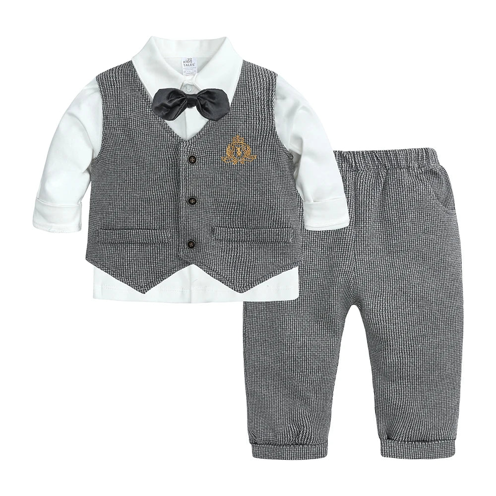 2026 Baby Boy Gentleman Suit Toddler Bow Tie White Shirt Vest+Pants Stripe Sets 3Pcs Formal Birthday Wedding Kids Party Clothes