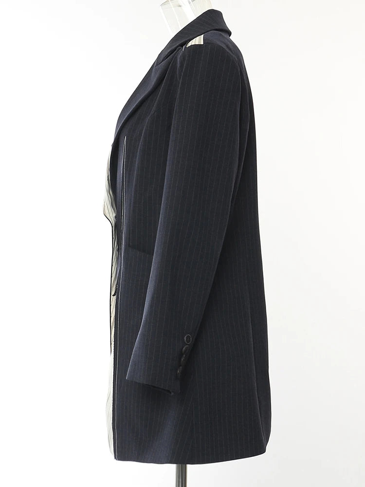 EAM Women Navy Blue Striped Irregular Elegant Blazer New Lapel Long Sleeve Jacket Fashion Tide Spring Autumn 2026 1DH5930