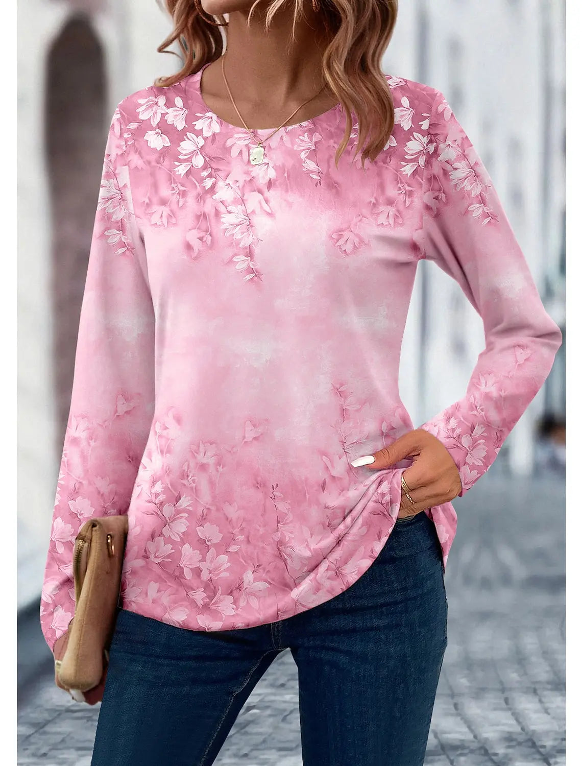 2024 Women's T shirt 3D Print Floral Leaf Design Long Sleeve Daily Weekend Fashion Round Neck Regular Fit Spring & Summer