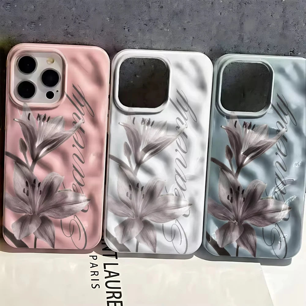 Gray Lily Floral Print Wave Texture Phone Case for iPhone 17 Pro Max 16 15 Plus 14 13 12 11 Shockproof Protective Cover