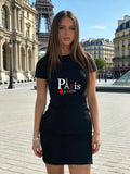 Women's Fashionable Casual Dress, Spring and Summer Casual Short-Sleeved Dress, Paris Je T'Aime Printed Fitted Dress, Sailor Col