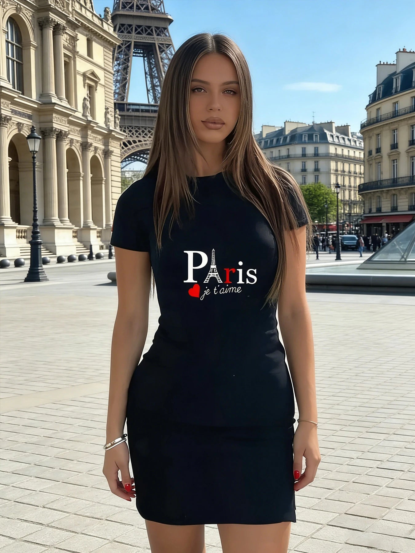 Women's Fashionable Casual Dress, Spring and Summer Casual Short-Sleeved Dress, Paris Je T'Aime Printed Fitted Dress, Sailor Col
