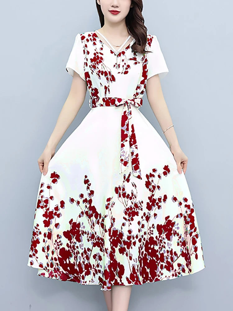 Beach Style Red Floral Chiffon Long Dress for Women Summer Elelgant Casual Holiday Dress 2024 Korean Vintage Bodycon Party Dress