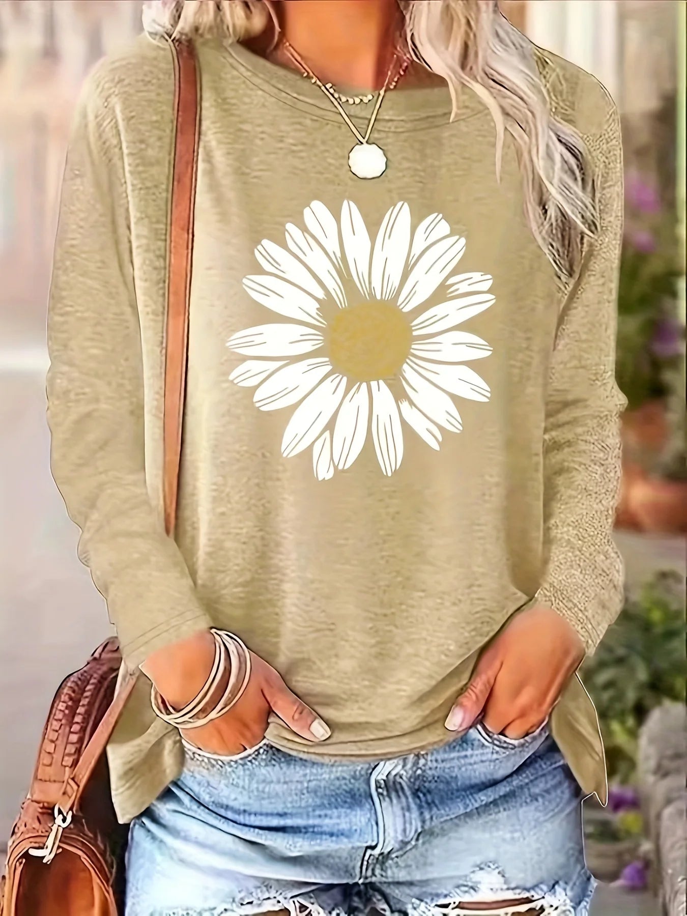 Women's autumn and winter 100% pure cotton fashionable casual loose sunflower print round neck long sleeved T-shirt top