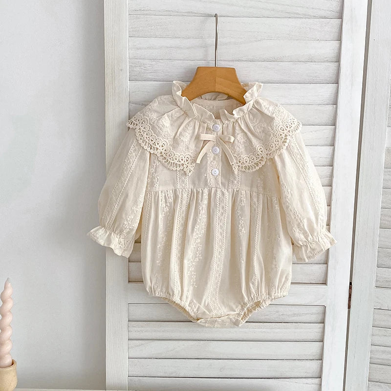 0-2Yrs Newborn Bodysuit Spring Autumn Clothes Baby Romper Lapel Collar Princess Bow Romper Long Sleeves Infant Girl Jumpsuit