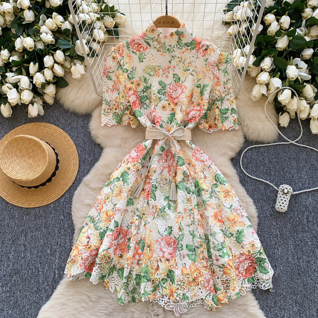 2025 New Dresses Women French Strap Waist High Neck Bubble Sleeve Hollow Hook Flower Lace A-line Short Vestidos