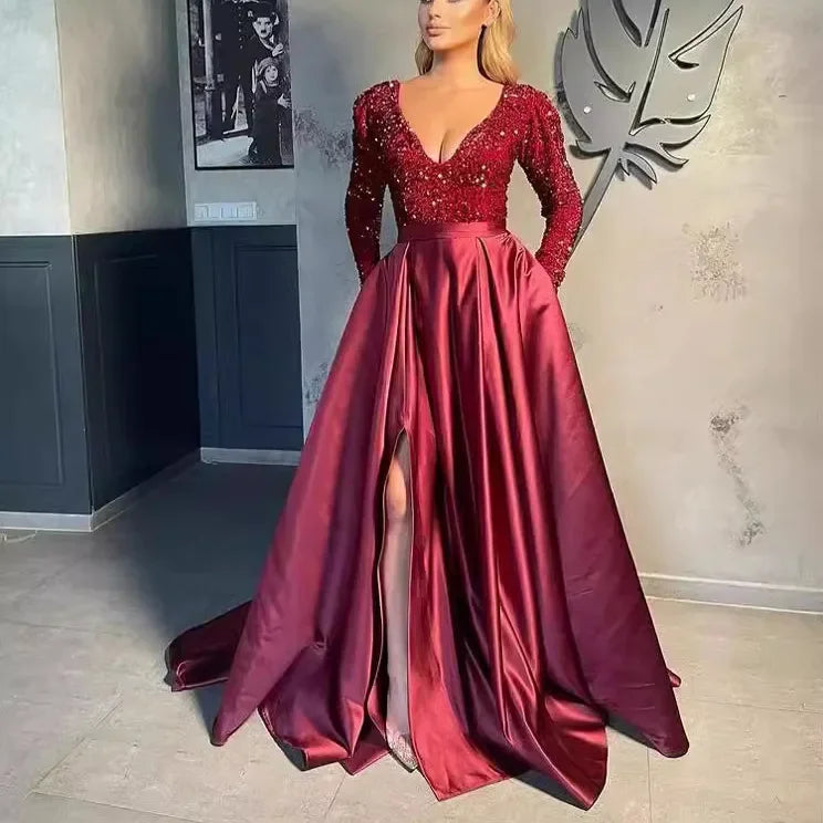 Cross-Border New Single Shoulder Long Sleeve Bead V-Neck Maxi Dress Evening Gown Slit Long Skirt Wide Hem Sparkling Split Dress