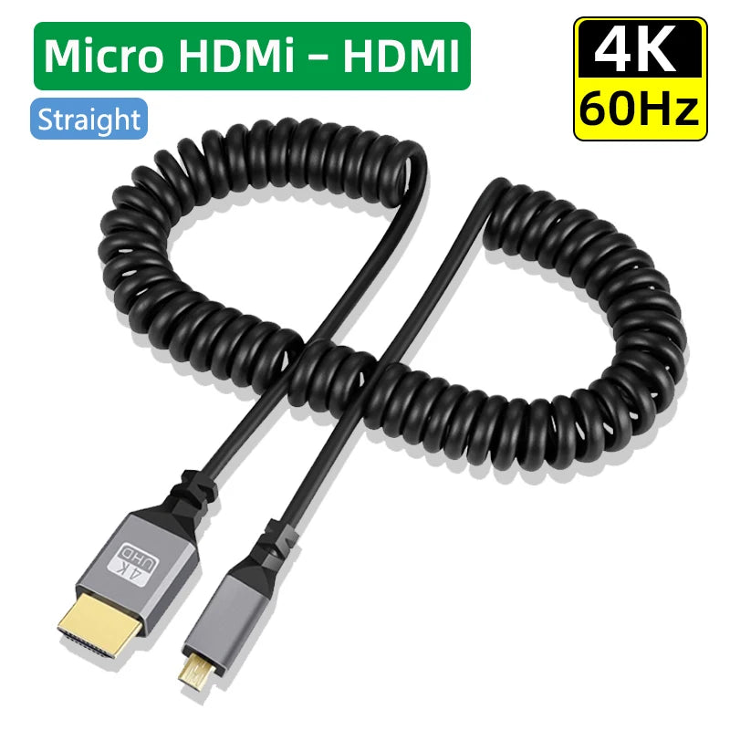 4K60HZ 0.5-2.0M Micro mini HDMI-Compatible TO HDMI Minihdmi Microhdmi Coiled Extension Flexible Spiral Cable Male to Male Plug