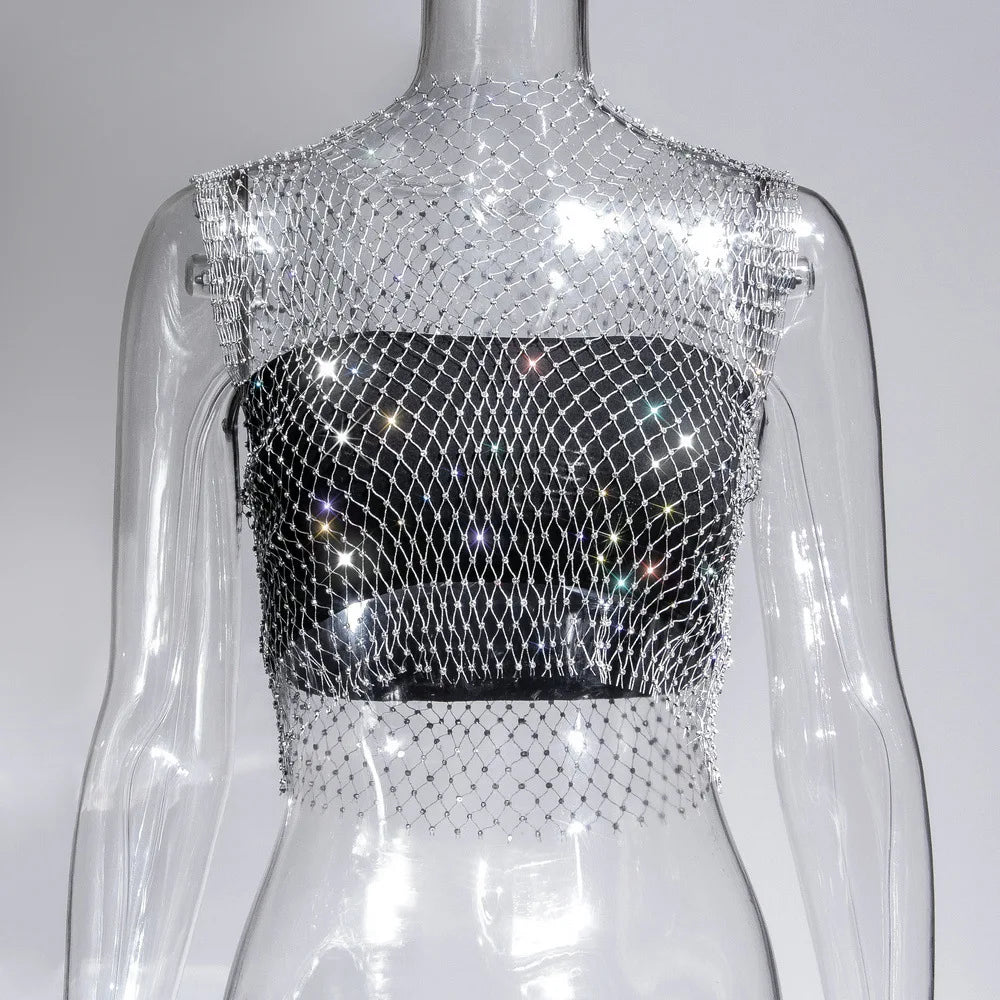 Women Sexy See Through Mesh Diamond Tank Tops Hollow Out Rhinestone Vest Beach Cover Up Crop Tops For Rave Festival Clubwear