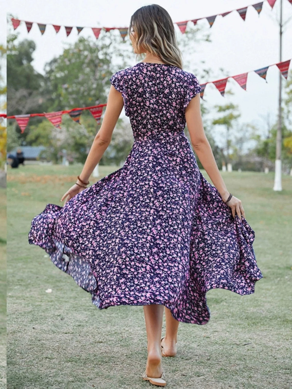 Bohemian Vacation Style Asymmetrical Short Sleeve Floral Cotton Silk Dress Waist Cinched  Wrap Long Skirt Summer