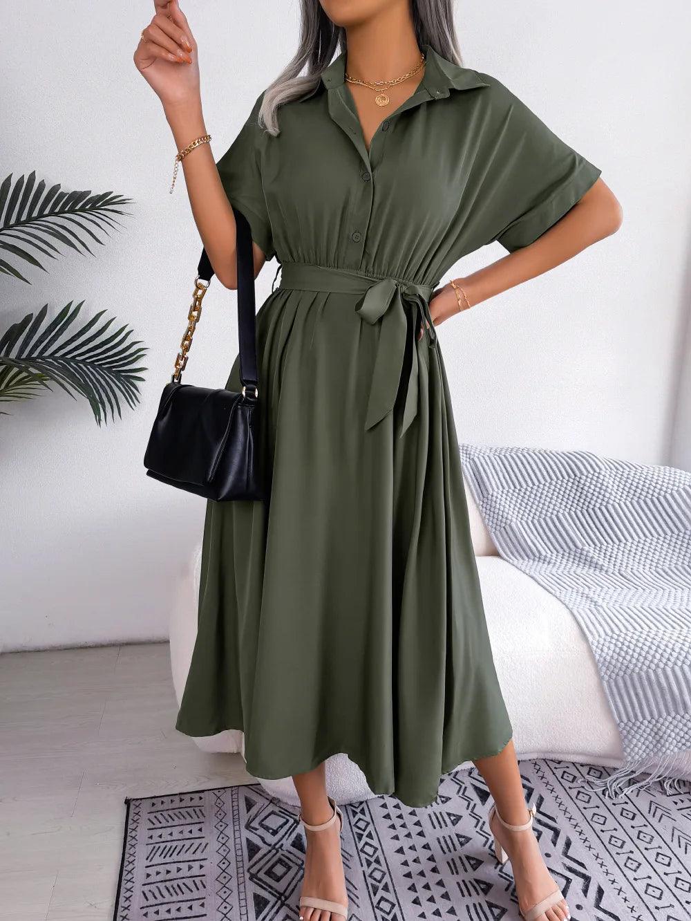 2026 Summer Turn-down Collar Solod Color Women Shirt Dress Fashion New Short Sleeve Loose Casual Elegant Lace-up Long Dresses