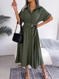 2026 Summer Turn-down Collar Solod Color Women Shirt Dress Fashion New Short Sleeve Loose Casual Elegant Lace-up Long Dresses