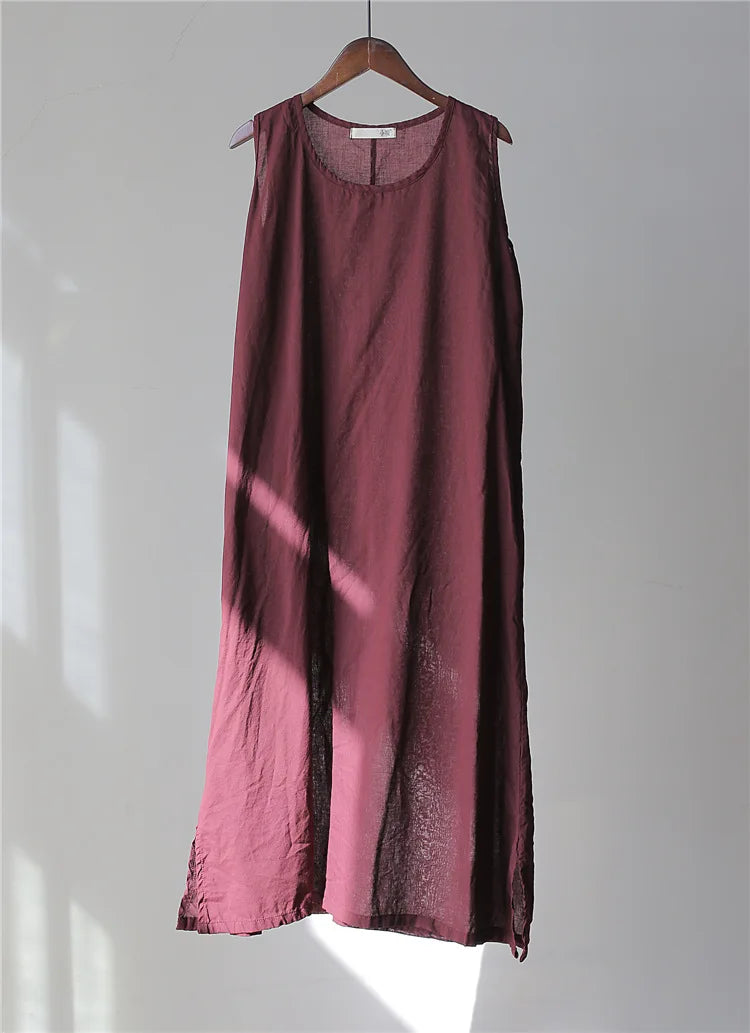 Johnature 2025 Summer 5 Colors Vintage Loose Dress Women Sleeveless Solid Color O-neck Thin Simple Render Comfortable Dress New