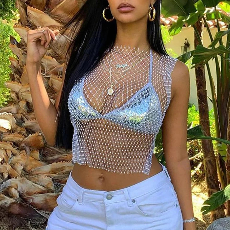 Women Sexy See Through Mesh Diamond Tank Tops Hollow Out Rhinestone Vest Beach Cover Up Crop Tops For Rave Festival Clubwear