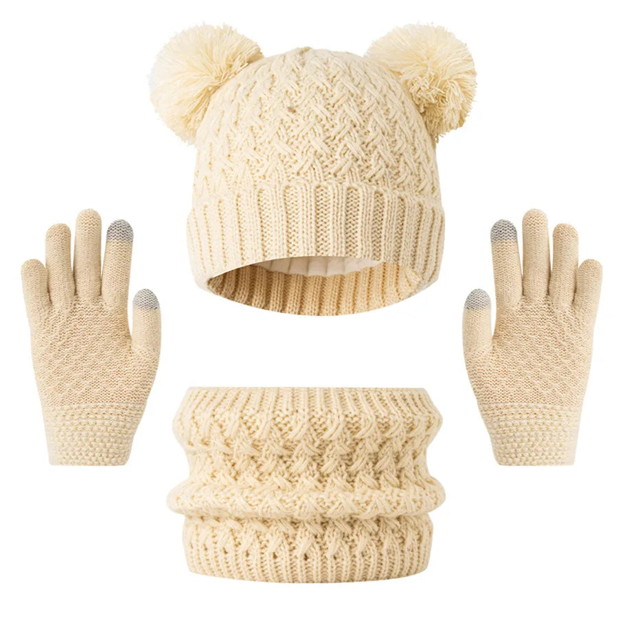 3pc knitted hats, scarves and gloves for children, suitable for children aged 3-12 to keep warm outdoors in winter.