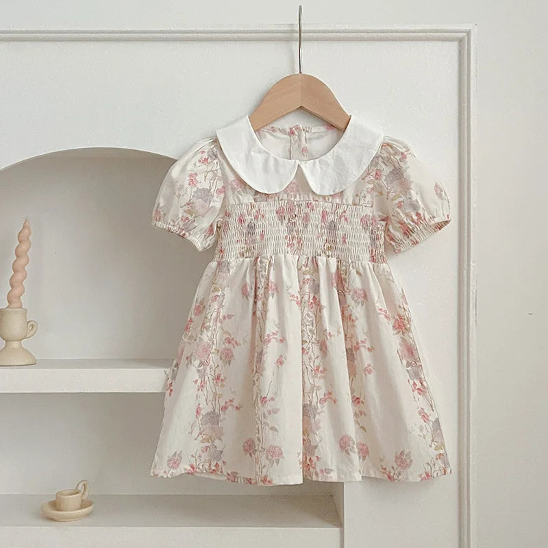 Baby Girl Dress Summer New Doll Collar Pink Print  Puff Short Sleeve Fashion Princess Dress Toddler Cotton Casual Party Clothes